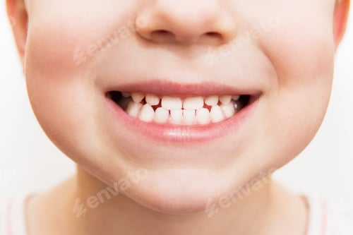 Preview: baby smile close. child teeth on a white isolated background.