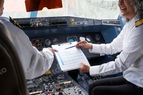 Preview: Mature male and female pilots meet inside an airplane, holding hands. Their gesture signifies