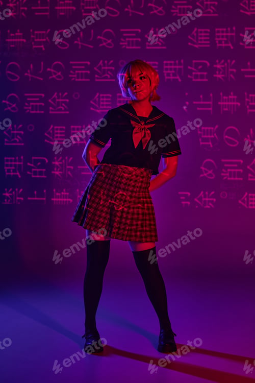 Preview: young woman posing in school uniform on neon purple backdrop with hieroglyphs, anime style