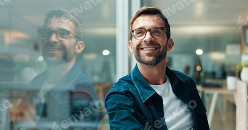 Preview: Reflection, thinking and happy business man problem solving, creative insight or professional minds