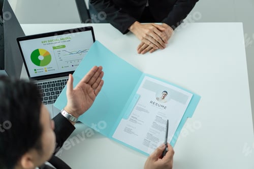 Preview: Close up of woman give resume to hr manager for job interview in office.