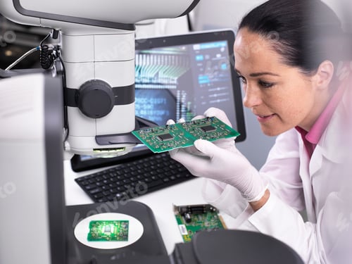 Preview: Engineer using 3D servo microscope to view dimensional accuracy of manufactured PCB assembly