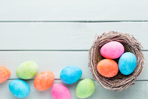 Preview: Pastel Easter eggs background. Spring greating card.