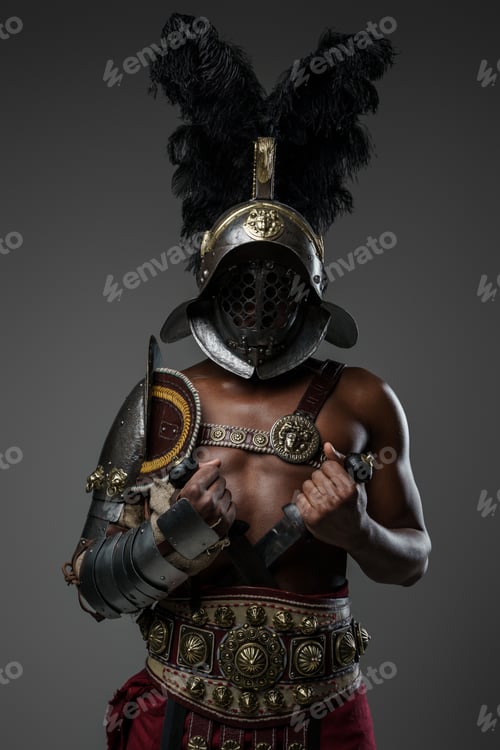 Preview: Aggressive roman gladiator of african ethnic against grey background