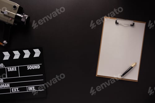 Preview: Clapboard and paper on black background texture. Movie idea concept