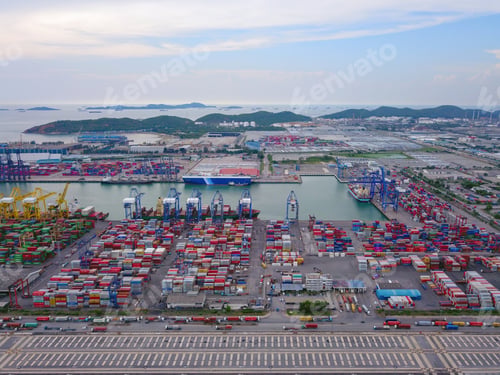 Preview: container cargo ship in the export and import business and logistics. Shipping to the harbor