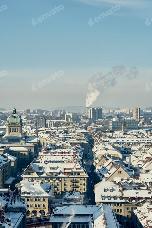 Preview: High angle cityscape with snow covered rooftops, Bern, Switzerland