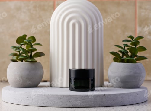 Preview: Black jar for cosmetics on a white table. Packaging for cream, gel, serum