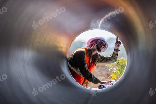 Preview: A female engineer examines a large drainage pipe from the inside perspective.