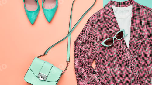 Preview: Fall fashion glamor accessories minimal. Autumn hipster clothes outfit falling on pastel background.