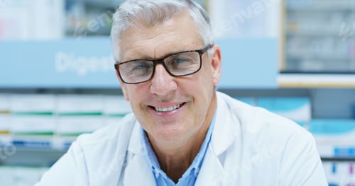 Preview: Senior man, pharmacist and happy with portrait at shop for healthcare, drugs and pride for career.