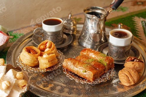 Preview: Traditional arabic dessert baklava with a cup of turkish coffee