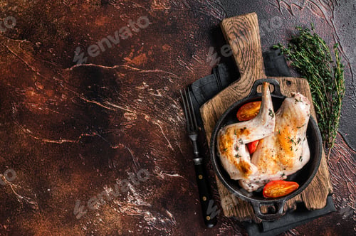 Preview: Fried rabbit legs in a pan with herbs. Dark background. Top view. Copy space