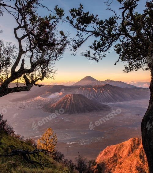 Preview: Volcano mount an active with tree frame at sunrise