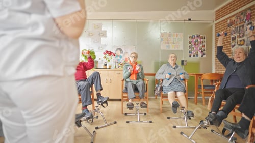 Preview: Instructor leads senior exercise class with dumbbells in a community living room