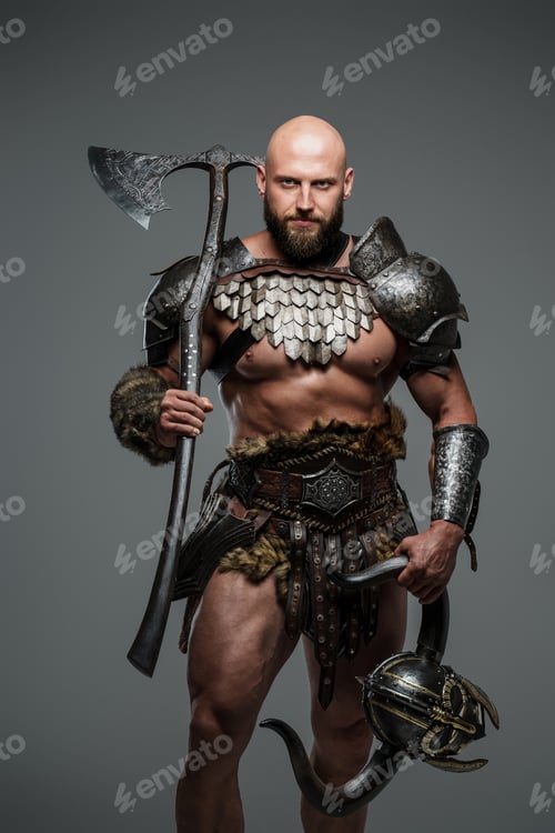 Preview: Bald bearded viking in lightweight fur-lined armor holding large two-handed axe