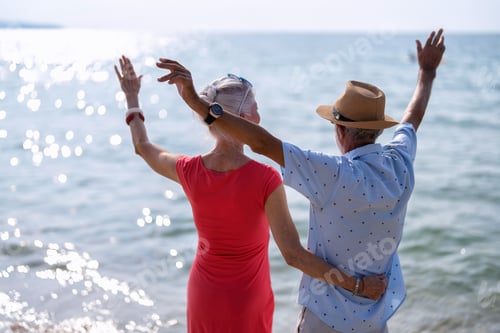 Preview: Couple of old mature people walk together on the sand at the beach enjoying and living the moment