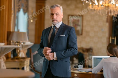 Preview: Portrait of adult businessman in suit standing in luxury hotel room and looking camera