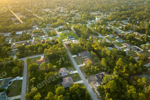 Preview: Aerial landscape view of suburban private houses between green palm trees in Florida