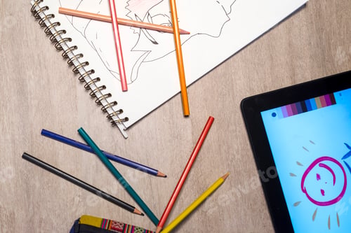 Preview: Colorful assortment of school supplies on table. Selective focus and small depth of field.