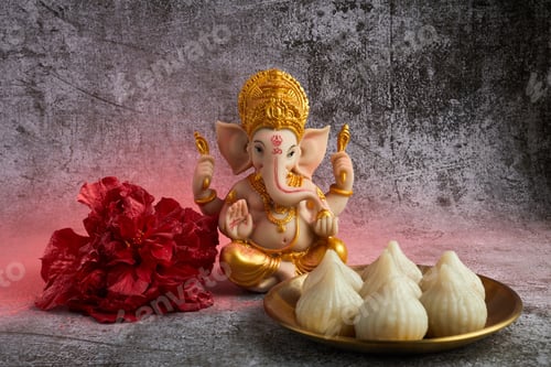 Preview: Idol of lord Ganesha with Modak Sweet Dish and flower. Ganesh chaturthi