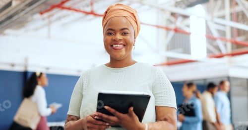 Preview: Manager, tablet and portrait of black woman in startup office with smile, leadership and confidence