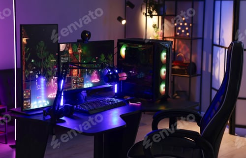 Preview: Playing video games. Stylish room interior with modern computer and gaming chair in neon lights