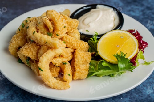 Preview: Closeup of a plate of Fried squid served with sauce and lemon slice on blue table