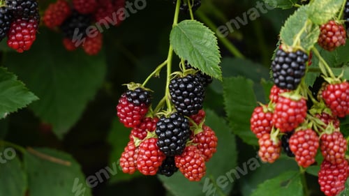 Preview: Blackberry. Rubus Eubatus. Fresh blackberries in the garden. A bunch of ripe blackberry fruits on a