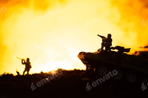 Preview: Toy soldiers, tanks and explosion on battleground with fire at background