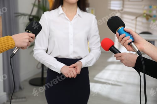 Preview: Group of journalists interviewing woman in room, closeup