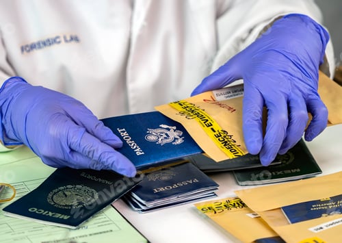 Preview: Police scientist takes several passports out of an evidence bag in crime lab, conceptual image