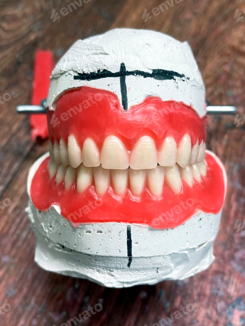Preview: Complete removable dental prostheses on gypsum models. Full prosthesis in plaster model