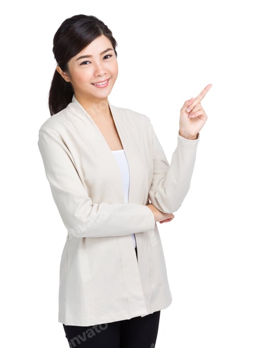 Preview: Happy woman pointing up