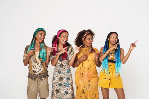 Preview: Young black four women laughing while pointing fingers aside