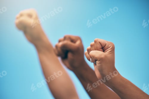 Preview: Protest group, hands in air and fist of people for solidarity, equality and power with diversity wo