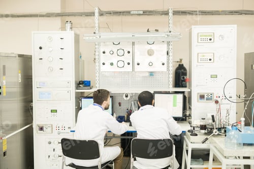 Preview: Engineers working with computer connected to control cabinet