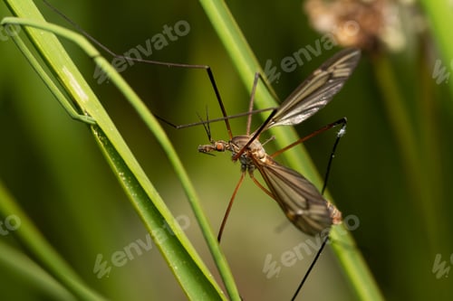 Preview: Macro shot of a mosquito on a plant in the blurry background.