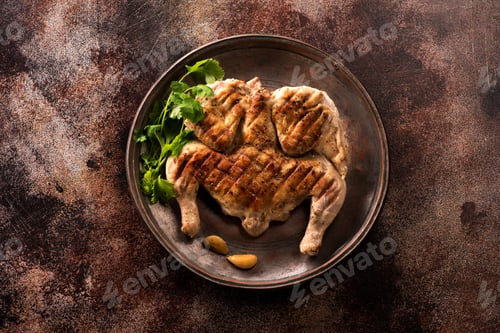 Preview: Grilled roasted whole chicken on a vintage old plate