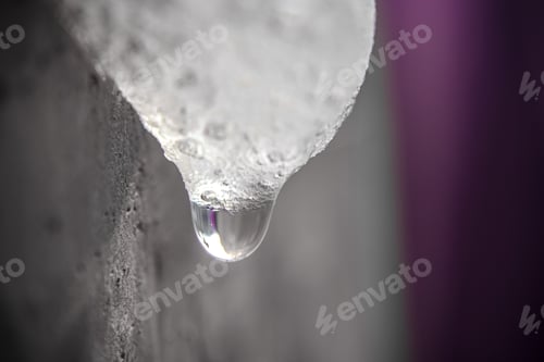 Preview: Selective focus shot of a water droplet falling from ice