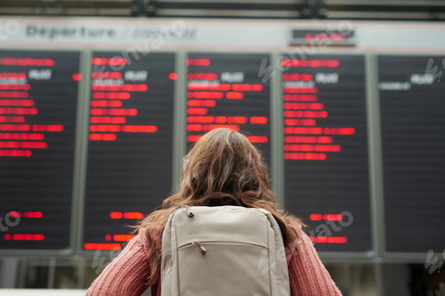 Preview: Looking for her flight. Rearview shot of an unrecognizable young woman standing in an airport.