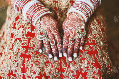Preview: Indian bride holds her hands with lots of bracelets over her golden lehenga