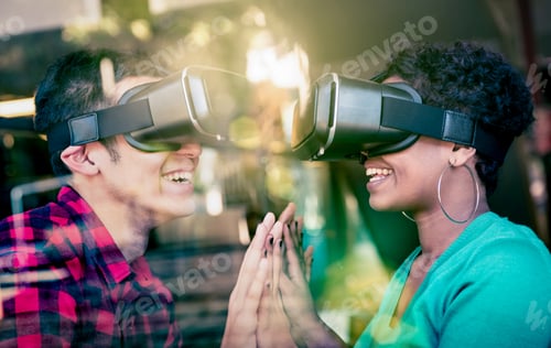Preview: Multiracial couple in love going beyond racial diversity through virtual reality goggles