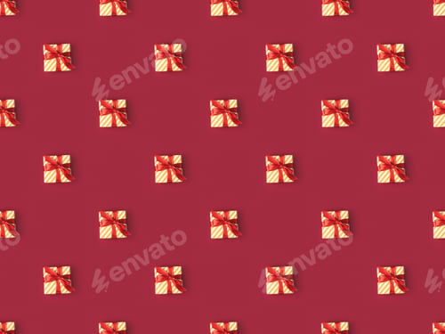 Preview: full frame of arranged wrapped gift boxes with ribbons