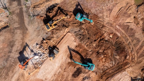 Preview: Aerial view road motor grader flatting dirt road surface, Motor grader road construction grader.