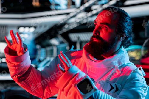 Preview: Scared astronaut in spaceship raises hand defensively during alien attack