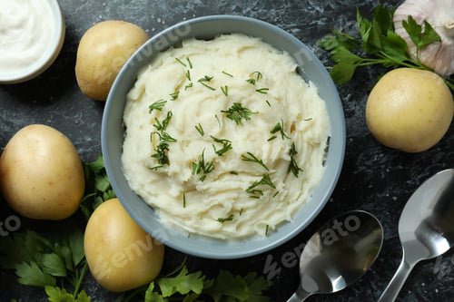 Preview: Concept of tasty eating with mashed potatoes on black smokey table