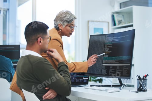 Preview: Coaching, mentor and programmer with business people and computer for coding, developer or informat