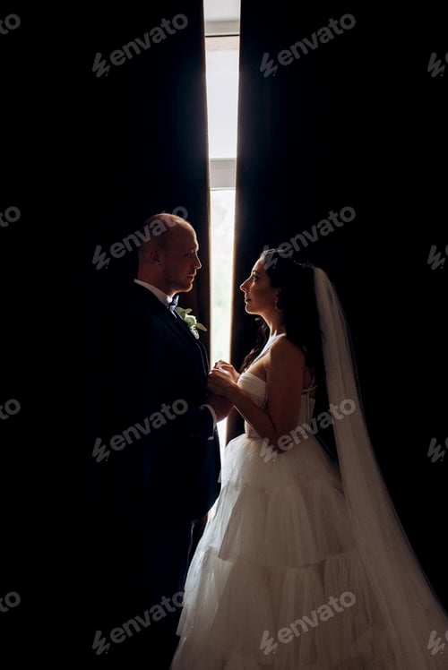 Preview: A black-haired bride in a white dress and a groom in a blue suit with a bow