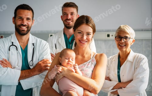 Preview: Portrait of confident medical team with baby and parent at hospital